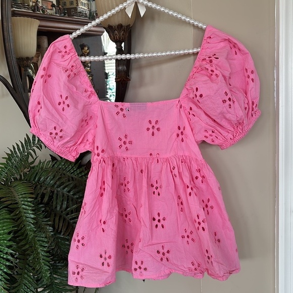 ASOS Bubblegum Pink Eyelet Puff Sleeve Top Ruffle Barbiecore 100% Cotton - Picture 7 of 14